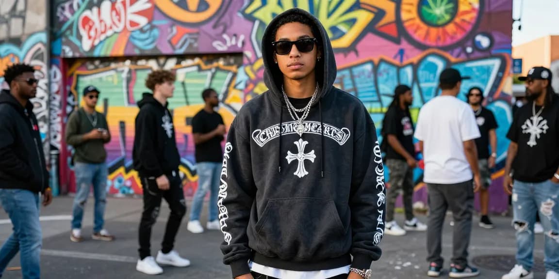 Fashionable individual showcasing Chrome Hearts hoodie and accessories in vibrant urban setting.