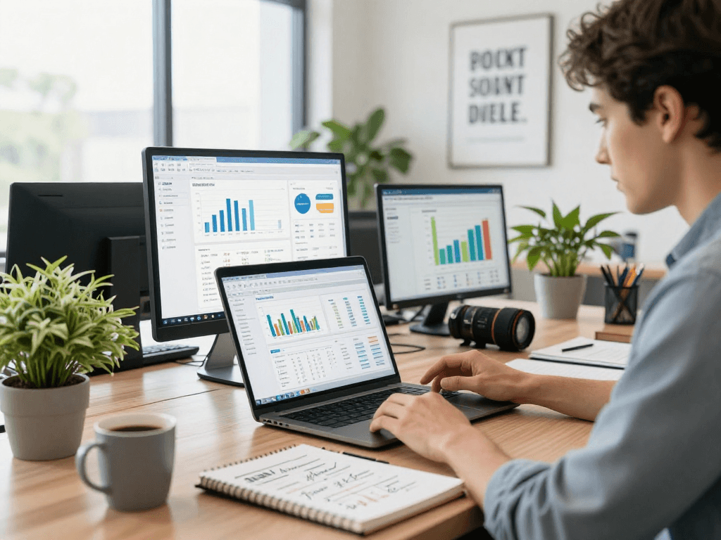 Business professional analyzing IDXSTAR data in a modern office setting with bright natural light.