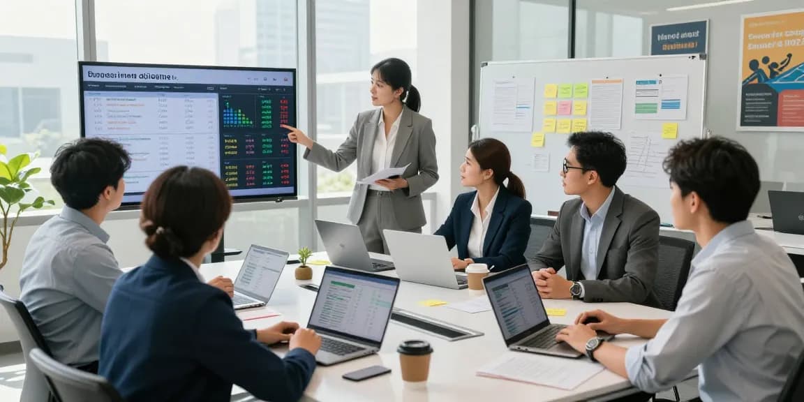 Business energy quotes analysis in a modern office with diverse professionals collaborating on energy cost strategies.