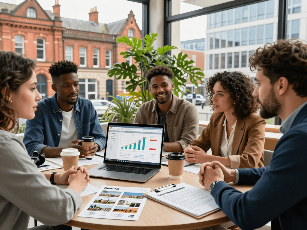 Professionals discussing airbnb management sheffield strategies in a vibrant Sheffield workspace