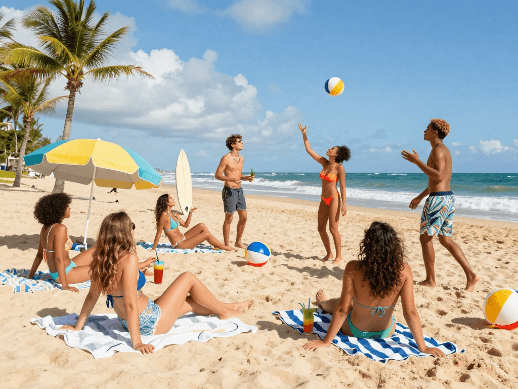 Friends enjoying the beach with colorful swimwear and BIKINISLOT accessories, capturing summer fun.