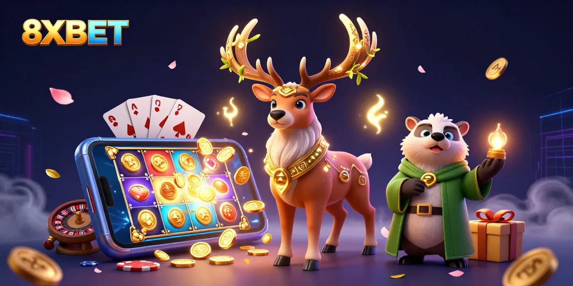 Engage with 8XBET’s immersive gaming experience featuring vibrant casino elements and dynamic characters.