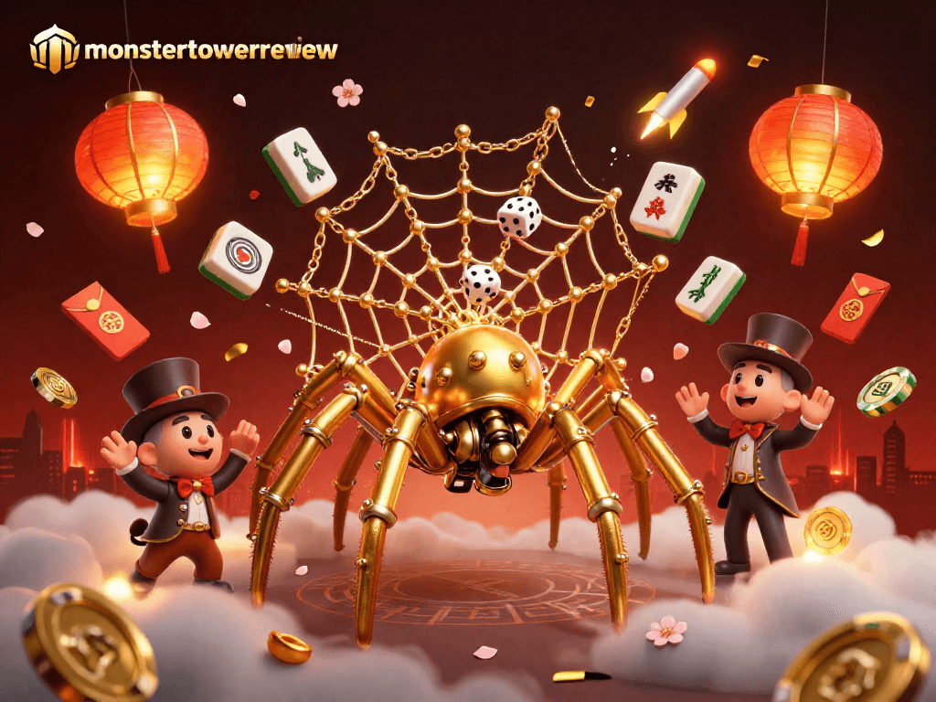 Experience thrilling gameplay with monstertowerreview as a golden spider captures dice amid vibrant casino elements.