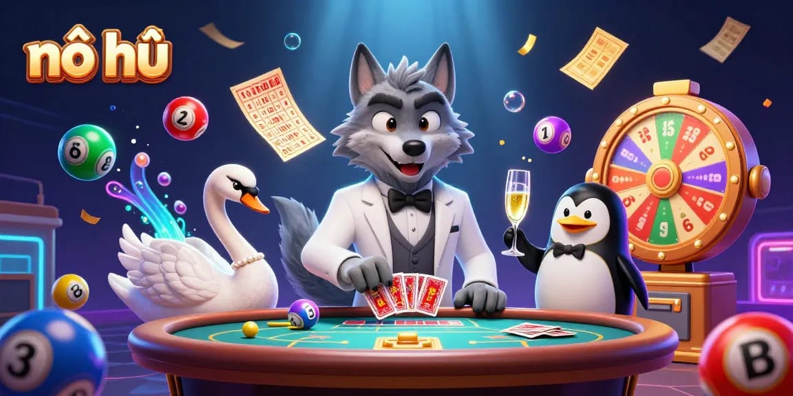 Engage with nổ hũ gameplay through vibrant casino graphics and animated lottery elements.