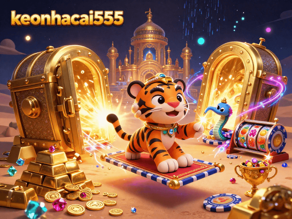 Engage with keonhacai555 through an enchanting 3D casino scene filled with treasure and vibrant casino symbols.