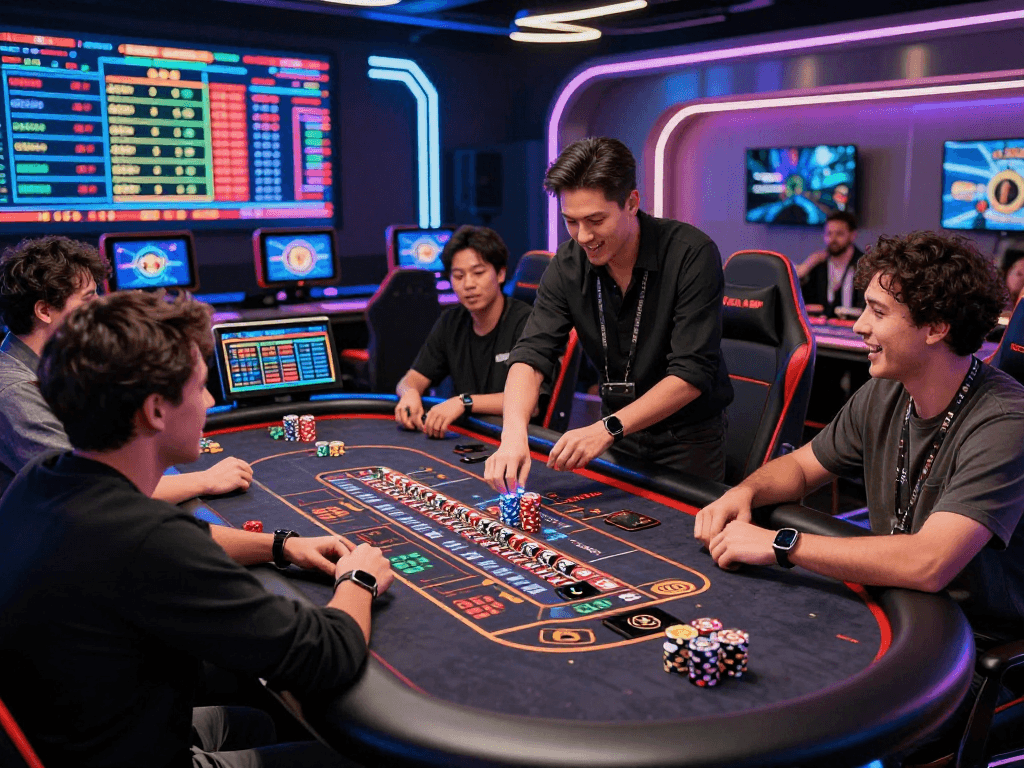 Exciting crypto casino experience with players, digital betting screens, and vibrant atmosphere.