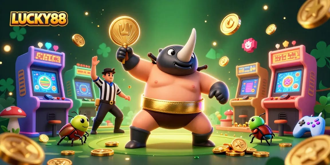 Experience LUCKY88 with a dynamic casino scene showcasing exciting gaming moments and vibrant characters.