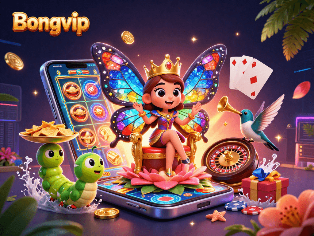 Bongvip unveils a vibrant 3D scene with a butterfly queen and casino elements at play.