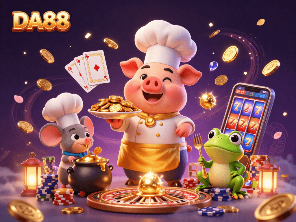 DA88 showcases winning strategies with golden coins and festive gaming characters in a vibrant casino scene.