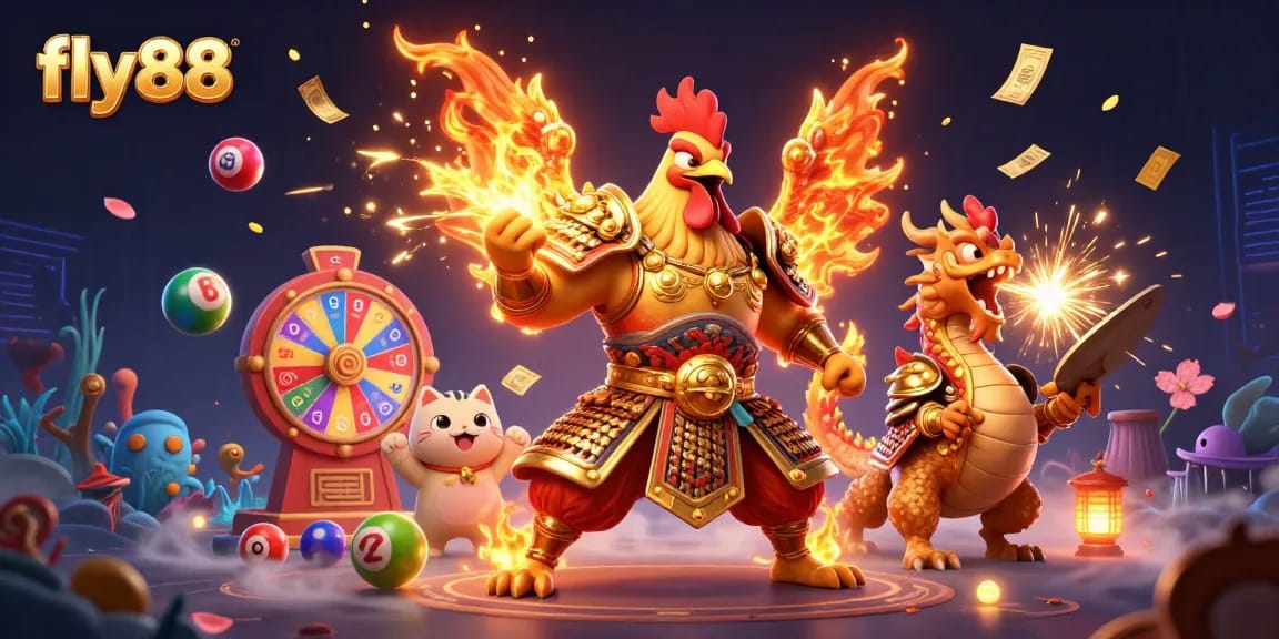 Engage in exciting gaming at fly88 with colorful lottery elements amidst dynamic scenes of winning
