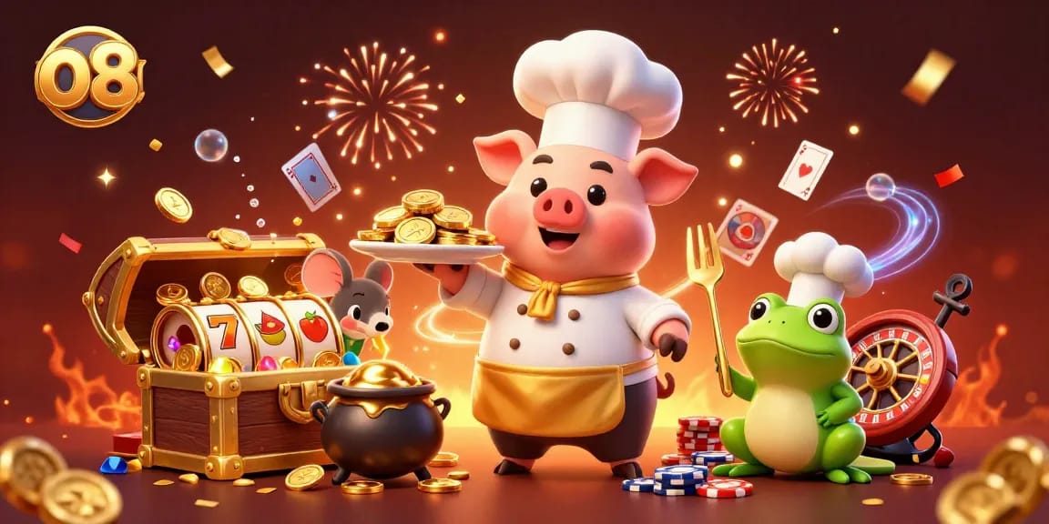 Experience the excitement of o8 gaming with a vibrant 3D casino illustration featuring characters in action.