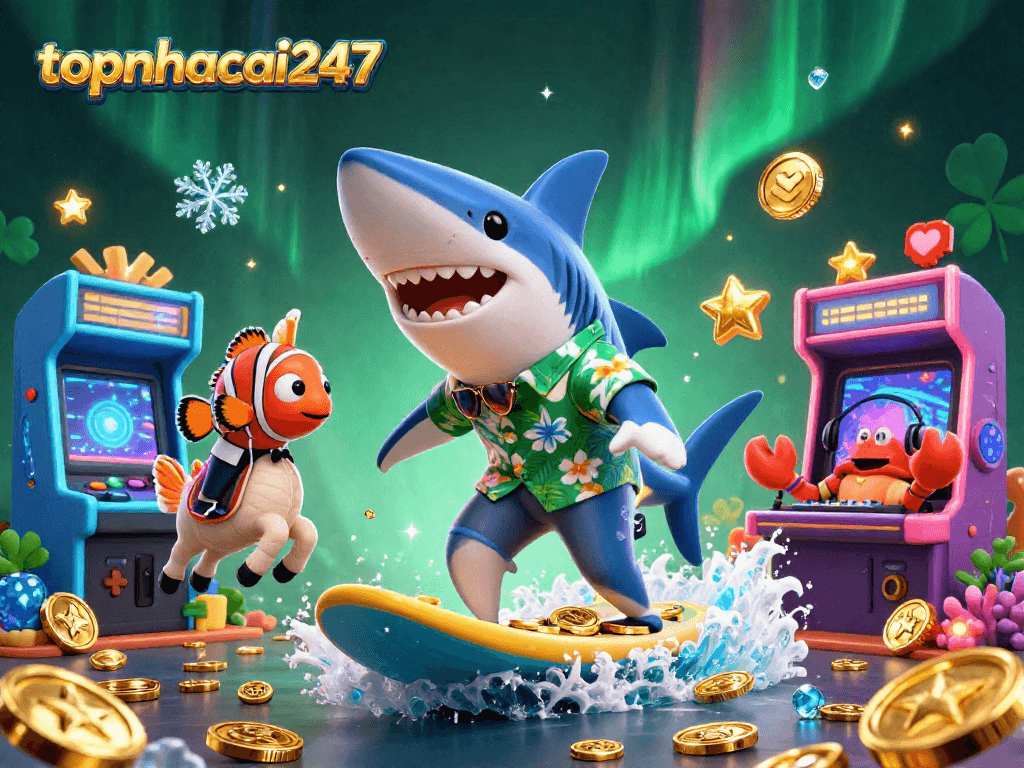 Join the fun with topnhacai247, as a 3D hammer-head shark surfs on gold coins amidst vibrant arcade game elements!
