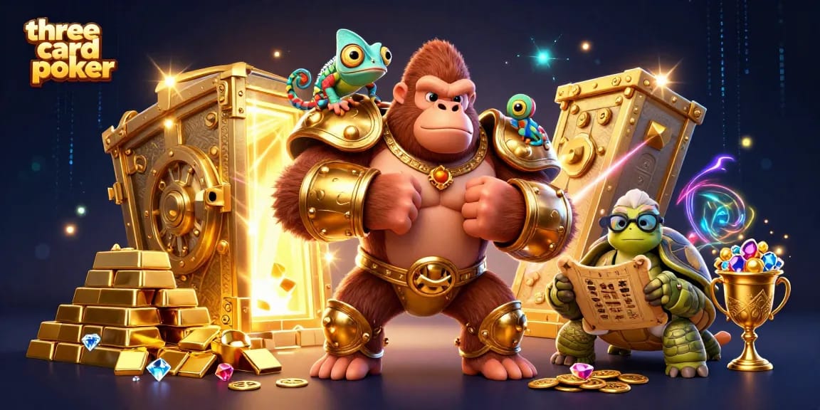 Engage in three card poker action with creative characters in a treasure-filled casino scene.
