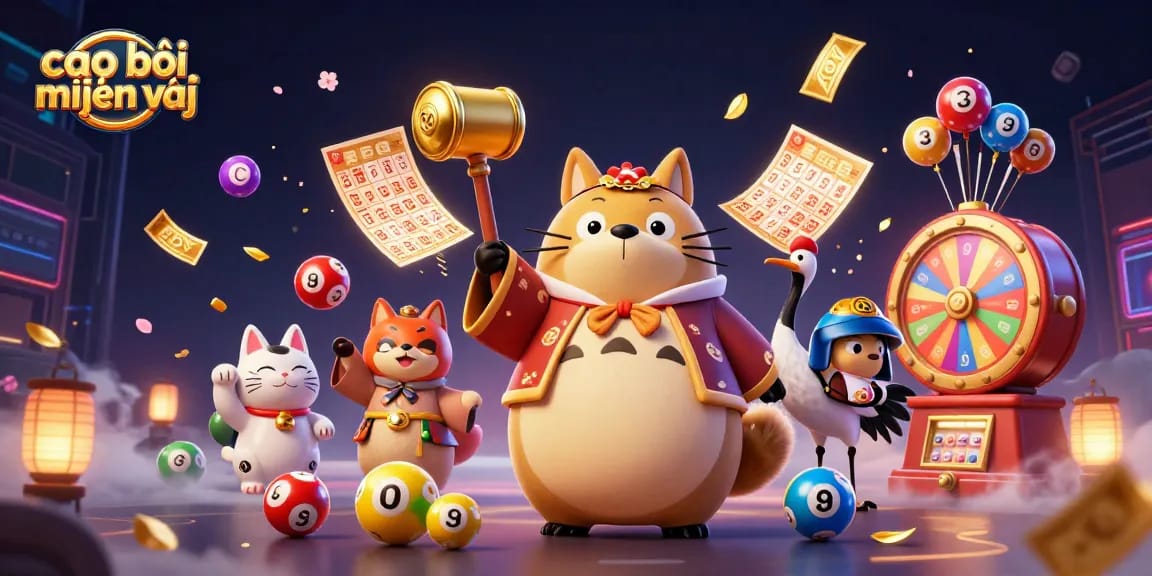 Cao bồi miền tây shows vibrant 3D cartoon characters celebrating with colorful lottery balls and dynamic gaming elements.