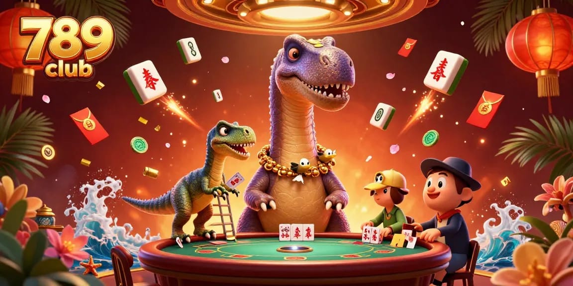 Experience excitement at 789 club with a grand 3D illustration of a brontosaurus and raptors in a vibrant casino.