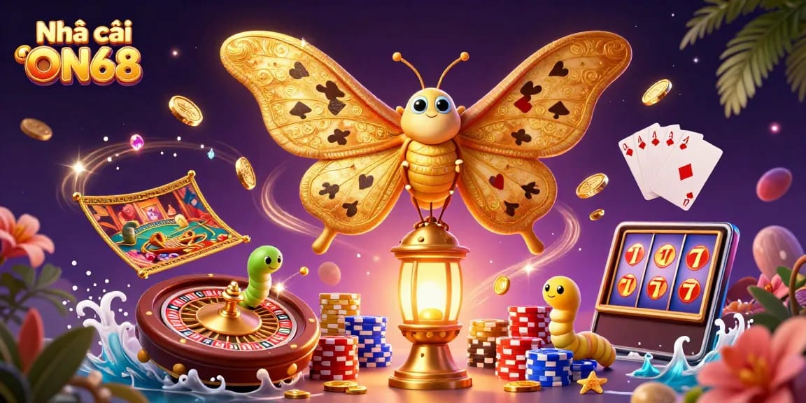 Enhance your play at Nhà cái ON68 with vibrant casino scenes, golden coins, and gaming excitement in this stunning illustration.