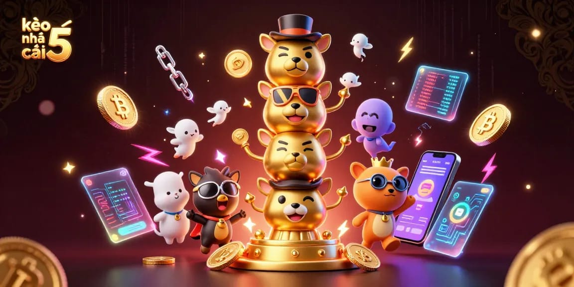 Experience kèo nhà cái 5 with vibrant casino elements and 3D crypto-inspired artwork, capturing the essence of gaming.