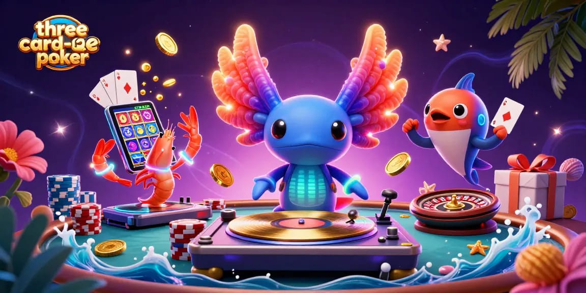 Experience three-card-poker excitement with vibrant characters and gaming elements in this dynamic illustration.
