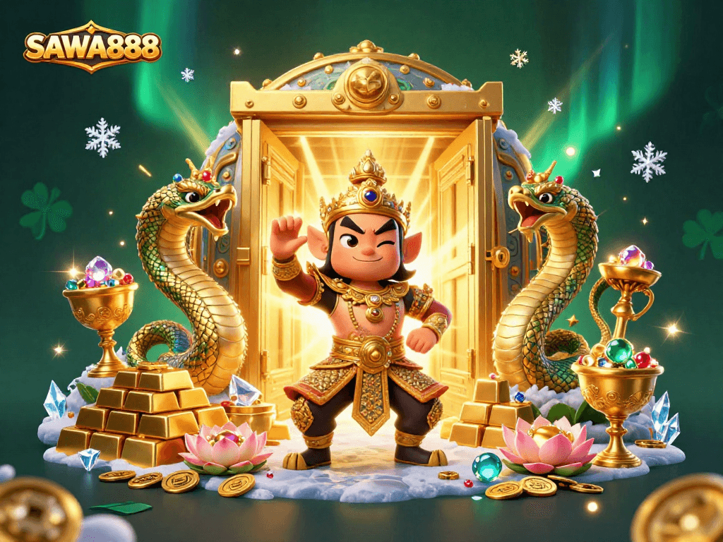 Experience the thrilling excitement of SAWA888 with its vibrant gaming world and treasures scattered around.