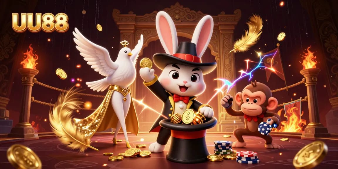 Spin and win at UU88 with vibrant 3D casino characters attracting golden rewards in a magical setting.