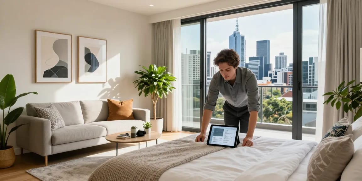 Short-stay property management Melbourne: Stylish living area in a modern apartment featuring a welcoming host preparing for guests.