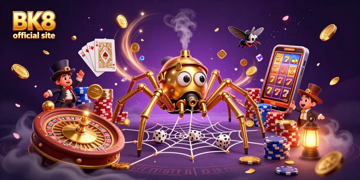 Catch the excitement at BK8 official site with a steampunk spider and fly gentleman in a rich casino scene.