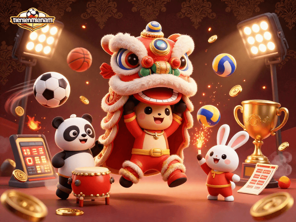 Join the action at tienlenmiennam with lively characters, sports elements, and festive decorations.