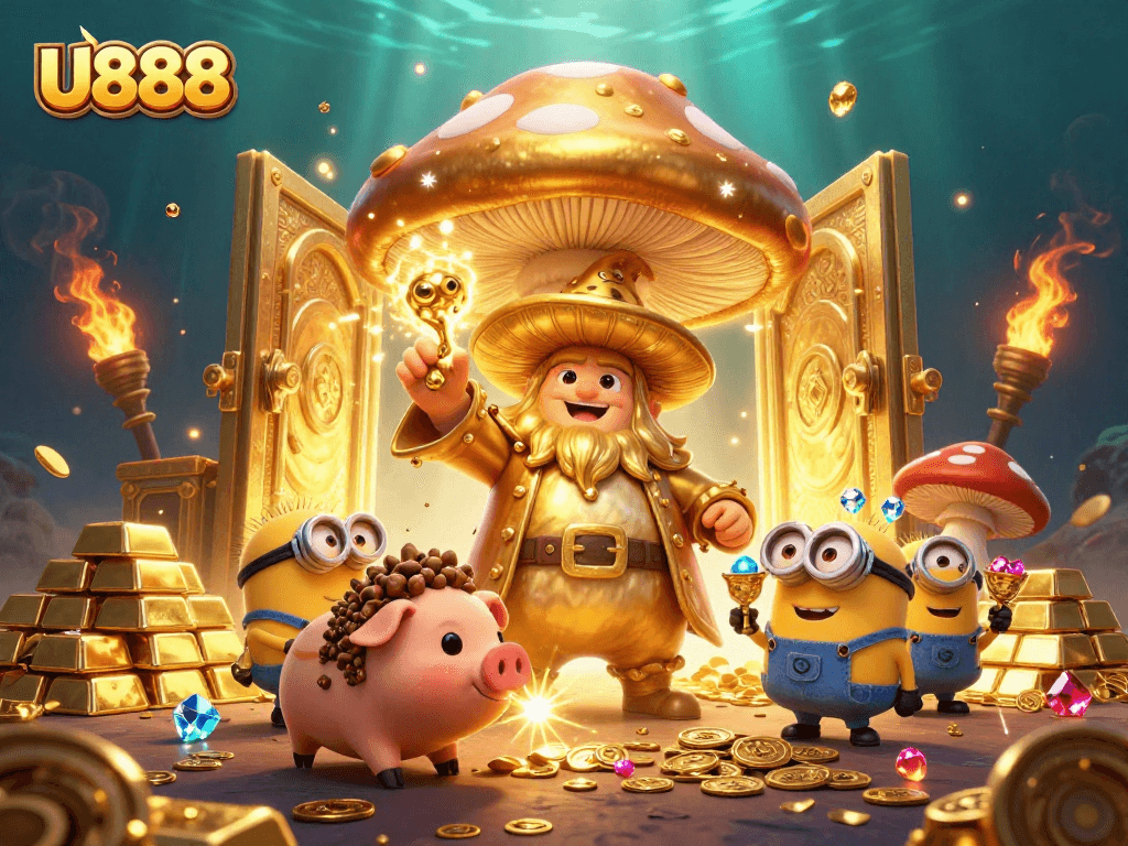 Experience the thrill of U888 with a magical golden wizard, treasure, and sparkling gems!