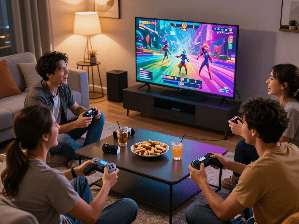 Group of friends enjoying an interactive sex game on a big screen together.