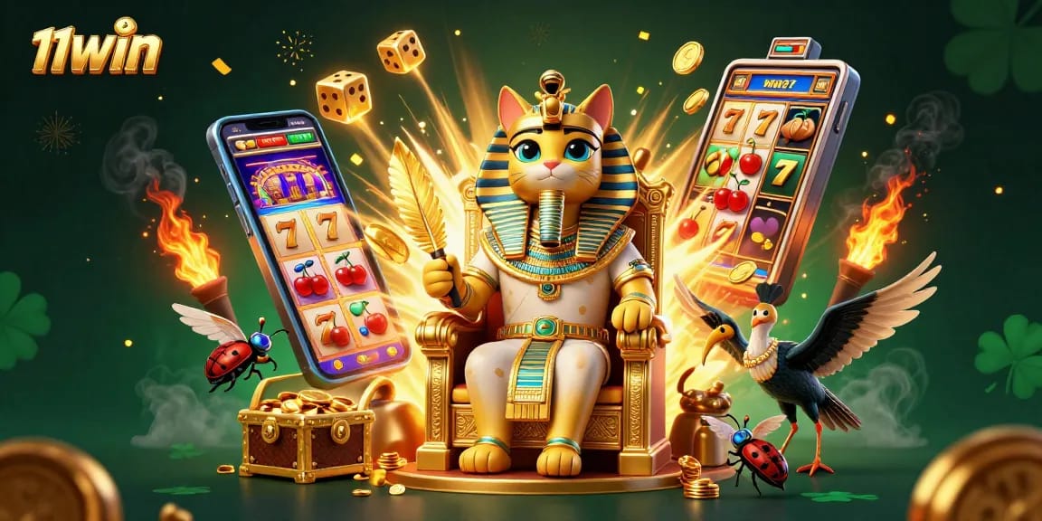 Experience thrilling gameplay with 11WIN's Egyptian-themed slot machine bursting with coins and jackpots