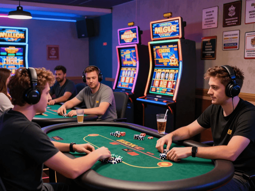 Players enjoying games at non UK casinos, vibrant atmosphere with diverse gaming experiences and international licenses.