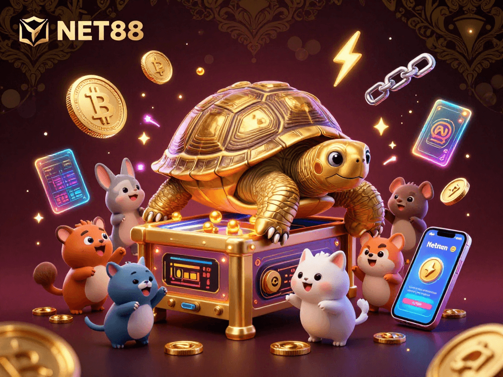 Engage with NET88's vibrant, dynamic gambling scene featuring a colossal golden tortoise amidst cryptocurrency elements.