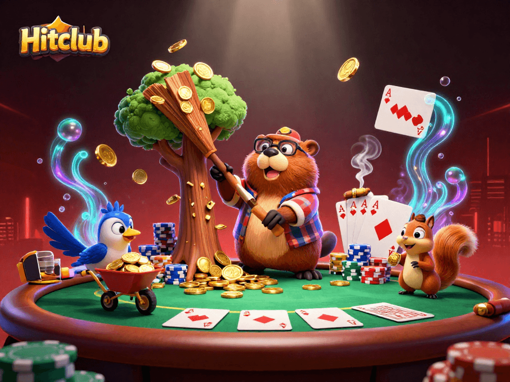 Hitclub shows a vibrant casino scene with our lumberjack beaver character amid poker elements.