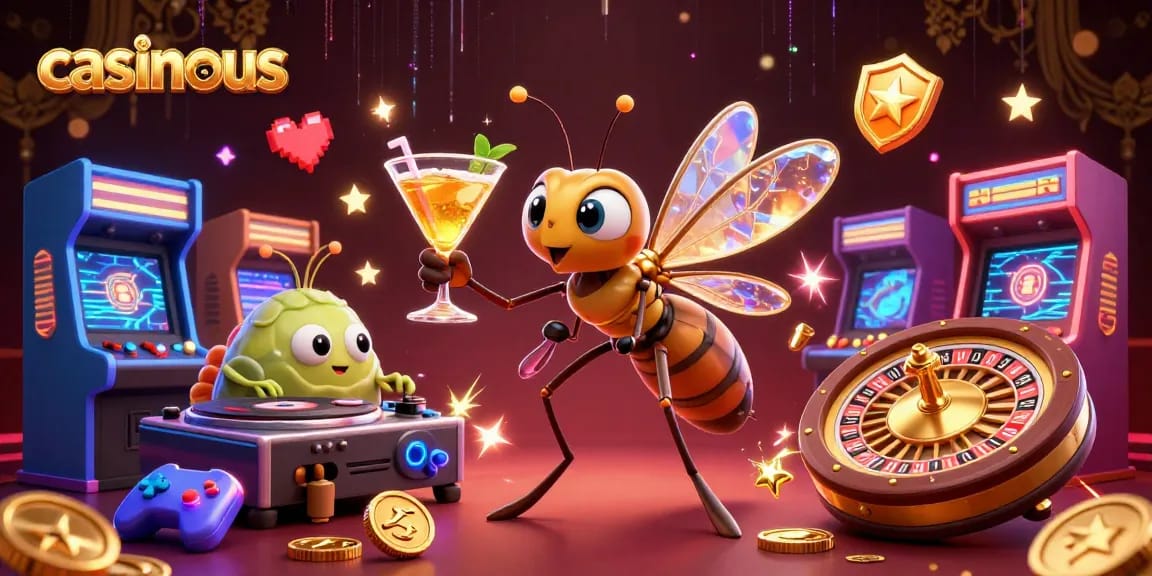 Enjoy vibrant casino gaming with casinous featuring a mosquito mascot, trilobite DJ, and roulette wheel.