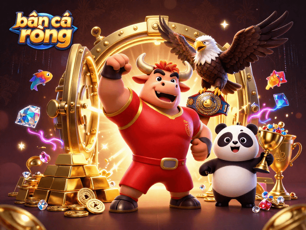 Engage in bắn cá rồng excitement with a 3D illustration of a bull mascot, eagle, and panda amidst gold and gems.