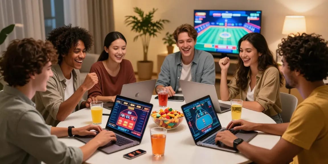 Friends playing at credit card casinos with laptops and snacks in a cozy living room.