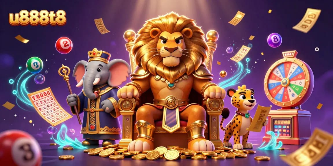 Experience the excitement of u888t8 with a 3D illustration showcasing winning games and vibrant casino elements.
