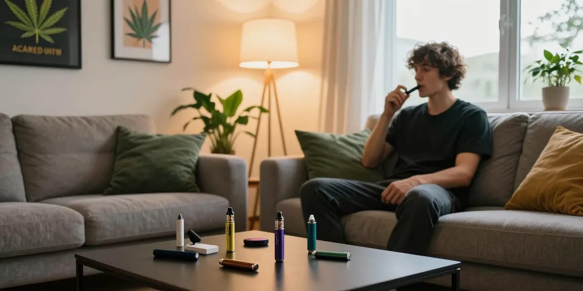 Relaxed person enjoying weed vapes in a cozy living room.