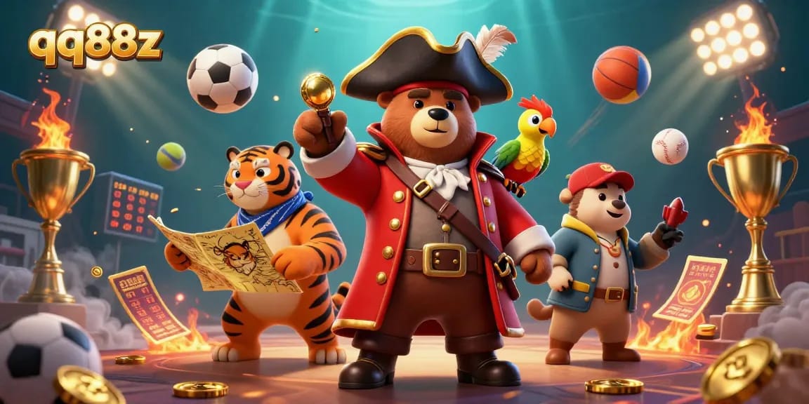 Experience the thrill of sports betting with qq88z's dynamic casino scene featuring animated characters.