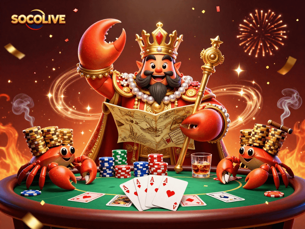 SOCOLIVE showcases a vibrant scene with a golden crab emperor amidst a poker setup, inviting bettors to join the fun.