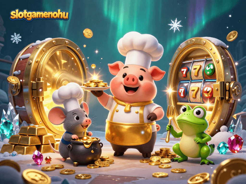 Experience jackpot thrills with slotgamenohu, featuring chefs and treasures in a vibrant casino scene.