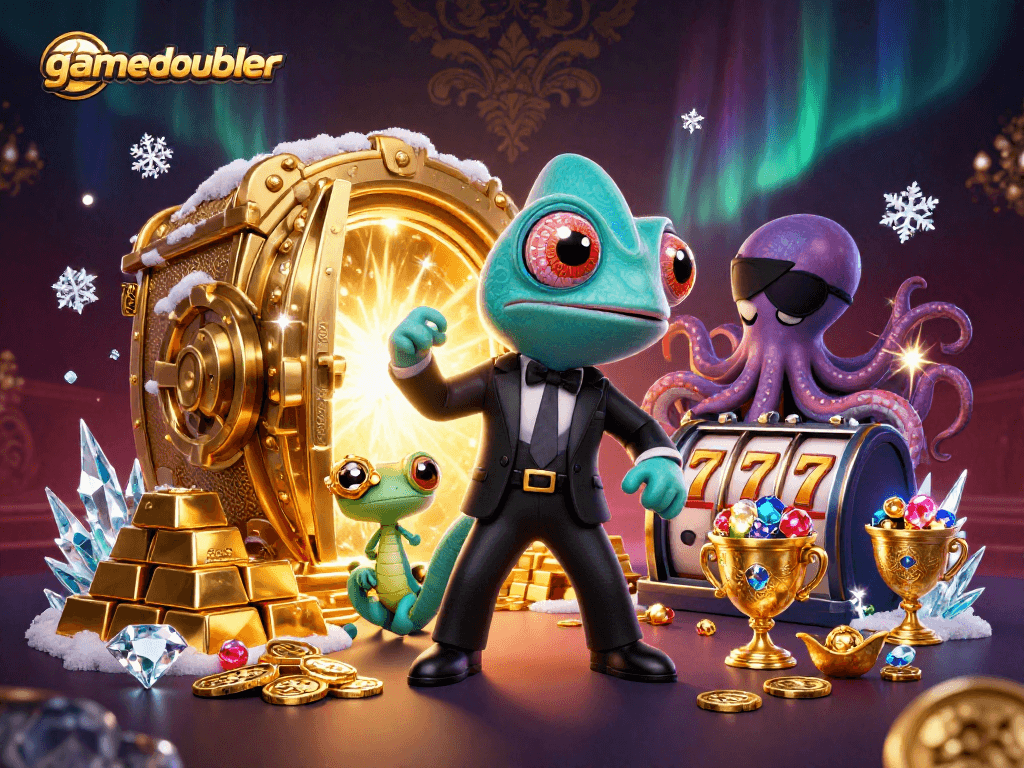 Spin to win big at gamedoubler with colorful 3D characters and treasure-filled casino backdrop.