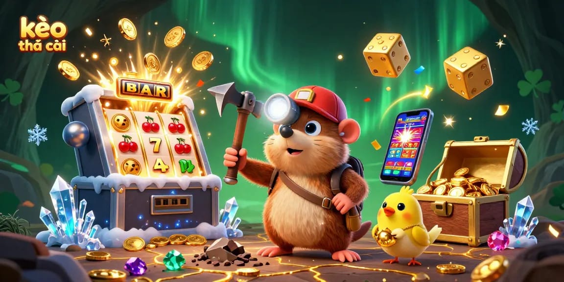 Engage with kèo nhà cái through this vibrant casino scene featuring a treasure hunter mole, jackpot slots, and golden gems.