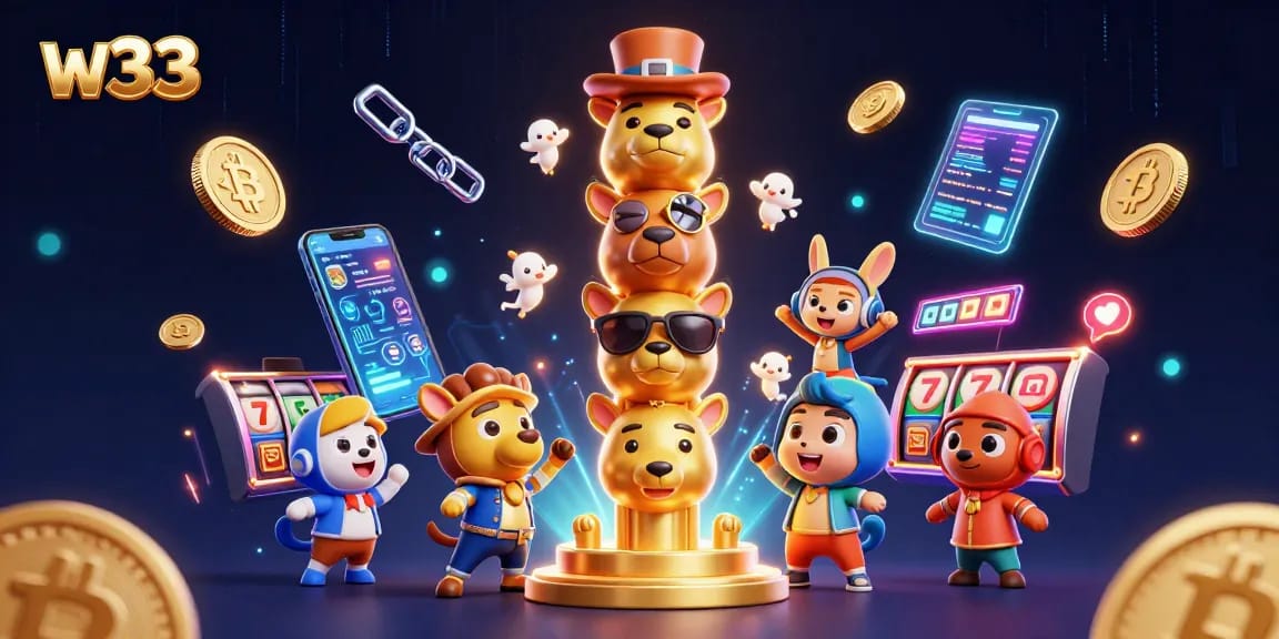 Spin the reels at w33 Casino with vibrant graphics showcasing 3D gaming elements and crypto themes.