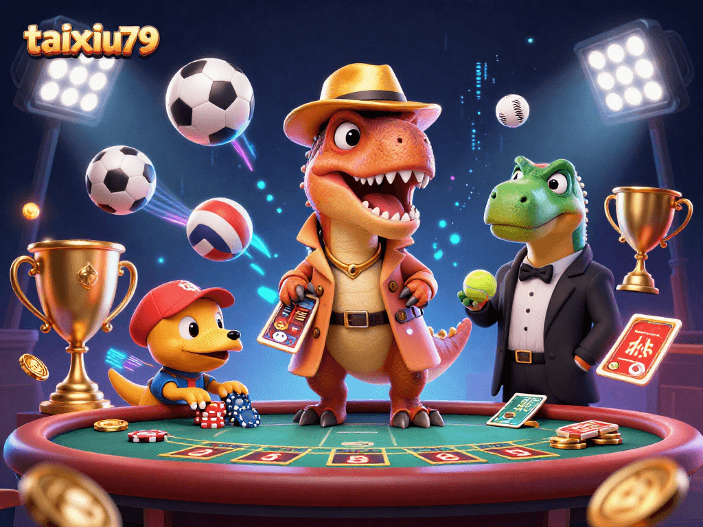 Engage with taixiu79's thrilling blackjack scene featuring a velociraptor card counter and dynamic game elements.