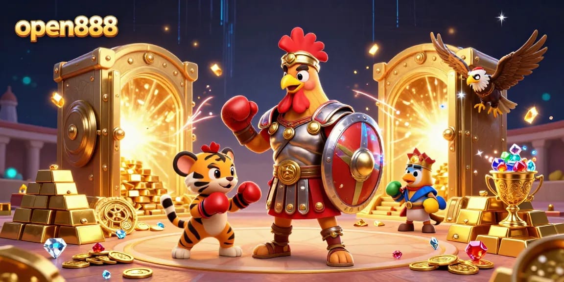Experience thrilling bets with open888 in this dynamic 3D casino illustration featuring unique characters.