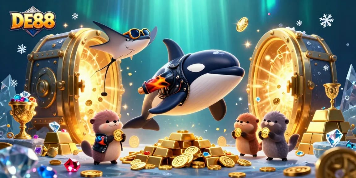 DE88 orca whale jumps through a vibrant casino scene filled with gold coins and treasures.