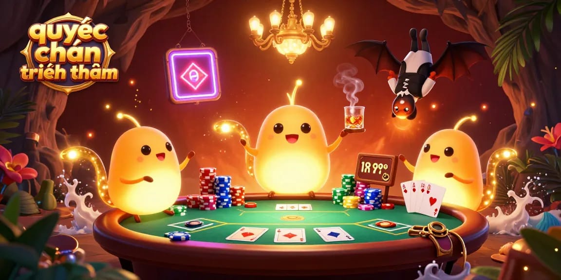 Engage in the thrilling world of quyết chiến tiền thưởng with vibrant glowworms and poker elements lighting a cave casino.