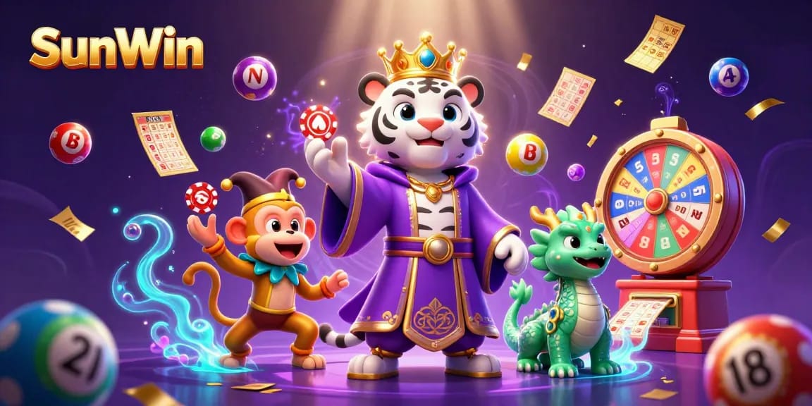 Experience the excitement of SunWin with vibrant casino elements in a colorful 3D illustration.