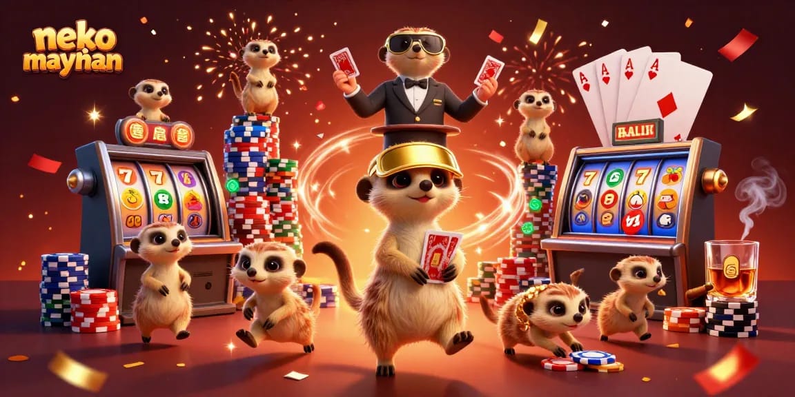 Experience the excitement of neko may mắn as meerkats run a vibrant casino with slot games and colorful chips.